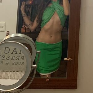 DVF Diane Von Furstenberg Reversible Beige Green Linen-Blend Mini Skirt